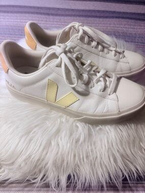 Veja White Leather Sneakers with Pale Yellow V and Tan Heel